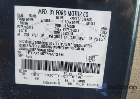 2007 Ford F-150 Fx4/Lariat/Xl/Xlt z USA, uszkodzony, nr VIN 1FTPX14577NA13119